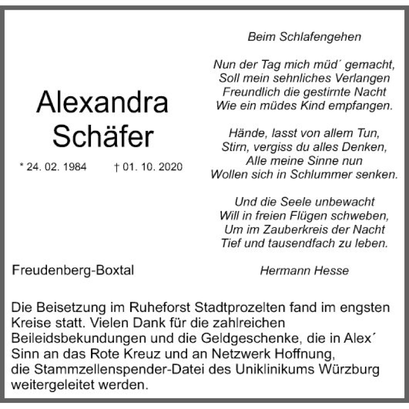  Traueranzeige für Alexandra Schäfer vom 27.10.2020 aus Fränkische Nachrichten