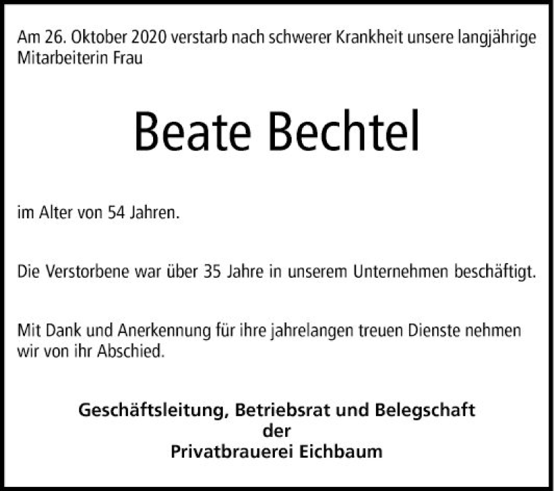  Traueranzeige für Beate Bechtel vom 31.10.2020 aus Mannheimer Morgen