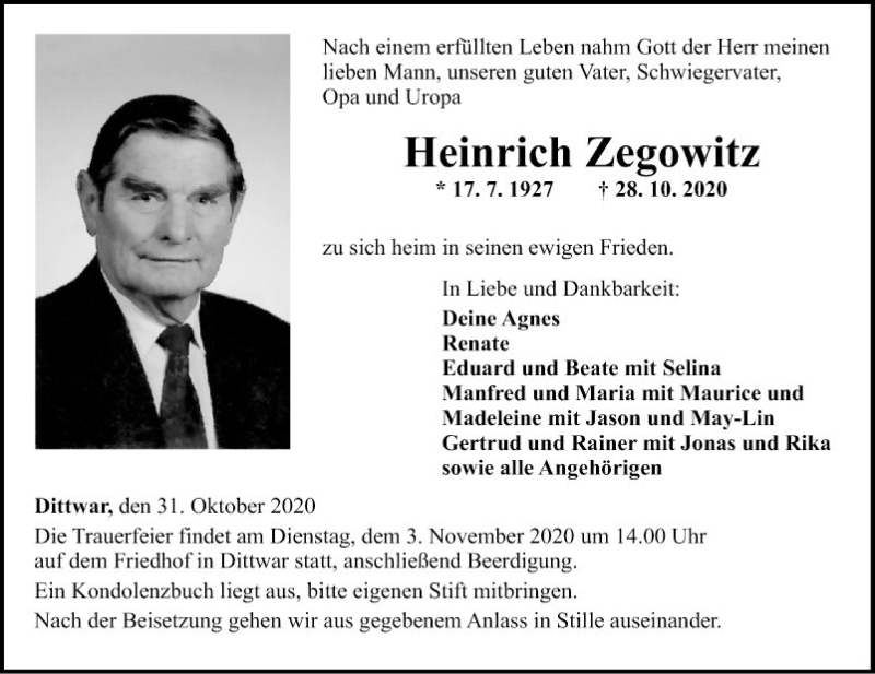  Traueranzeige für Heinrich Zegowitz vom 31.10.2020 aus Fränkische Nachrichten