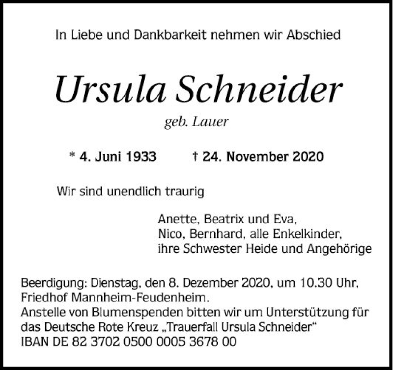  Traueranzeige für Ursula Schneider vom 28.11.2020 aus Mannheimer Morgen