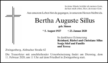 Traueranzeige von Bertha Auguste Sillus von Bergsträßer Anzeiger
