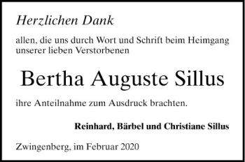 Traueranzeige von Bertha Auguste Sillus von Bergsträßer Anzeiger