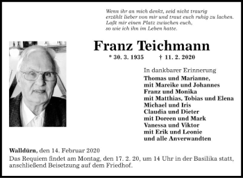 Traueranzeige von Franz Teichmann von Fränkische Nachrichten