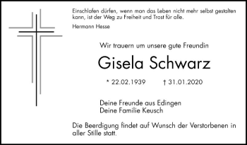 Traueranzeige von Gisela Schwarz von Schwetzinger Zeitung