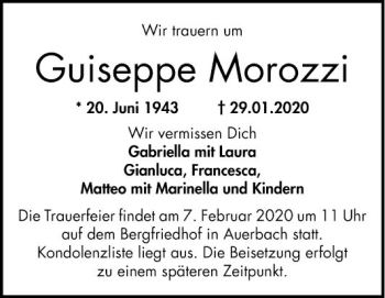 Traueranzeige von Guiseppe Morozzi von Bergsträßer Anzeiger