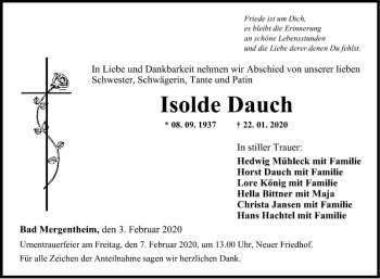 Traueranzeige von Isolde Dauch von Fränkische Nachrichten