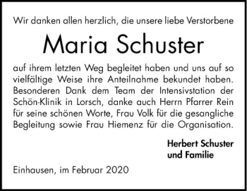 Traueranzeige von Maria Schuster von Bergsträßer Anzeiger