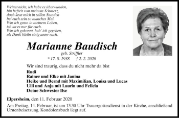 Traueranzeige von Marianne Baudisch von Fränkische Nachrichten