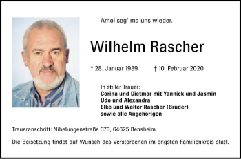 Traueranzeige von Wilhelm Rascher von Bergsträßer Anzeiger