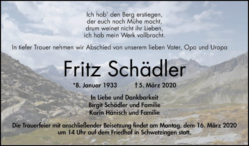  Traueranzeige für Fritz Schädler vom 12.03.2020 aus Schwetzinger Zeitung