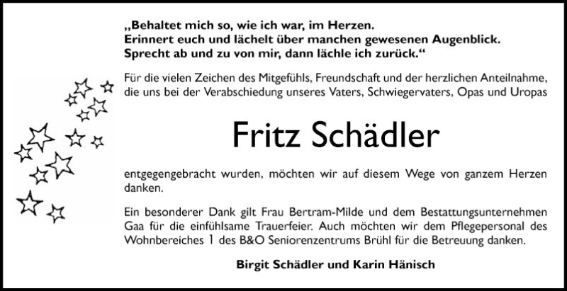  Traueranzeige für Fritz Schädler vom 28.03.2020 aus Schwetzinger Zeitung