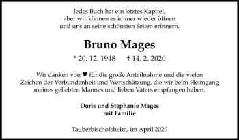 Traueranzeige von Bruno Mages von Fränkische Nachrichten