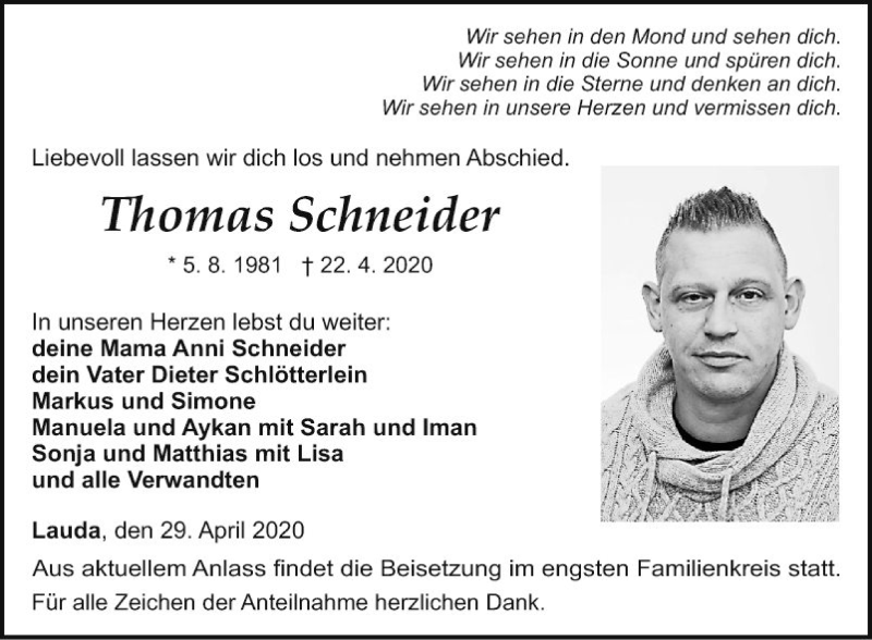  Traueranzeige für Thomas Schneider vom 29.04.2020 aus Fränkische Nachrichten