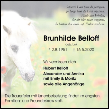 Traueranzeige von Brunhilde Belloff von Bergsträßer Anzeiger