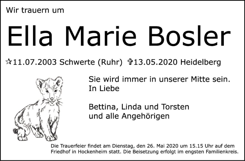  Traueranzeige für Ella Marie Bosler vom 23.05.2020 aus Schwetzinger Zeitung