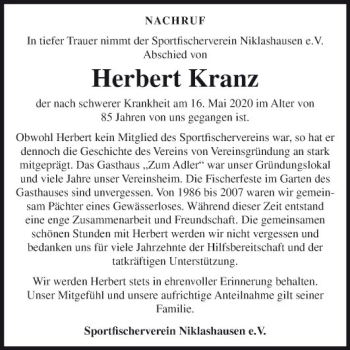 Traueranzeige von Herbert Kranz von Fränkische Nachrichten