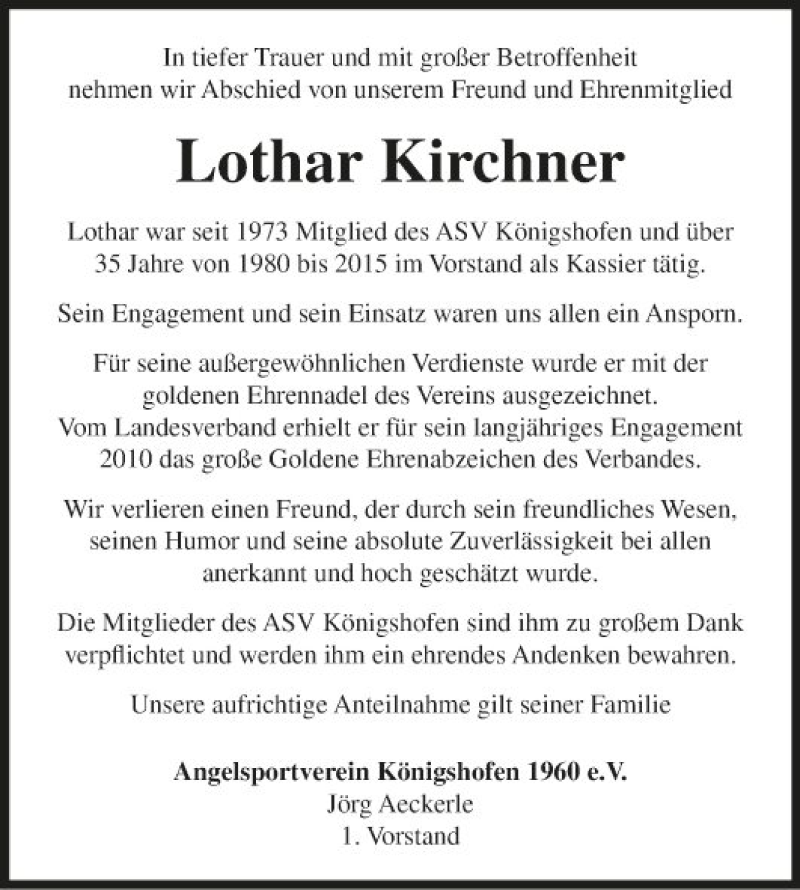  Traueranzeige für Lothar Kirchner vom 04.05.2020 aus Fränkische Nachrichten