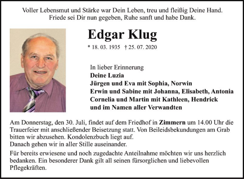  Traueranzeige für Edgar Klug vom 29.07.2020 aus Fränkische Nachrichten