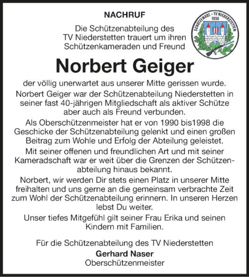  Traueranzeige für Norbert Geiger vom 14.07.2020 aus Fränkische Nachrichten