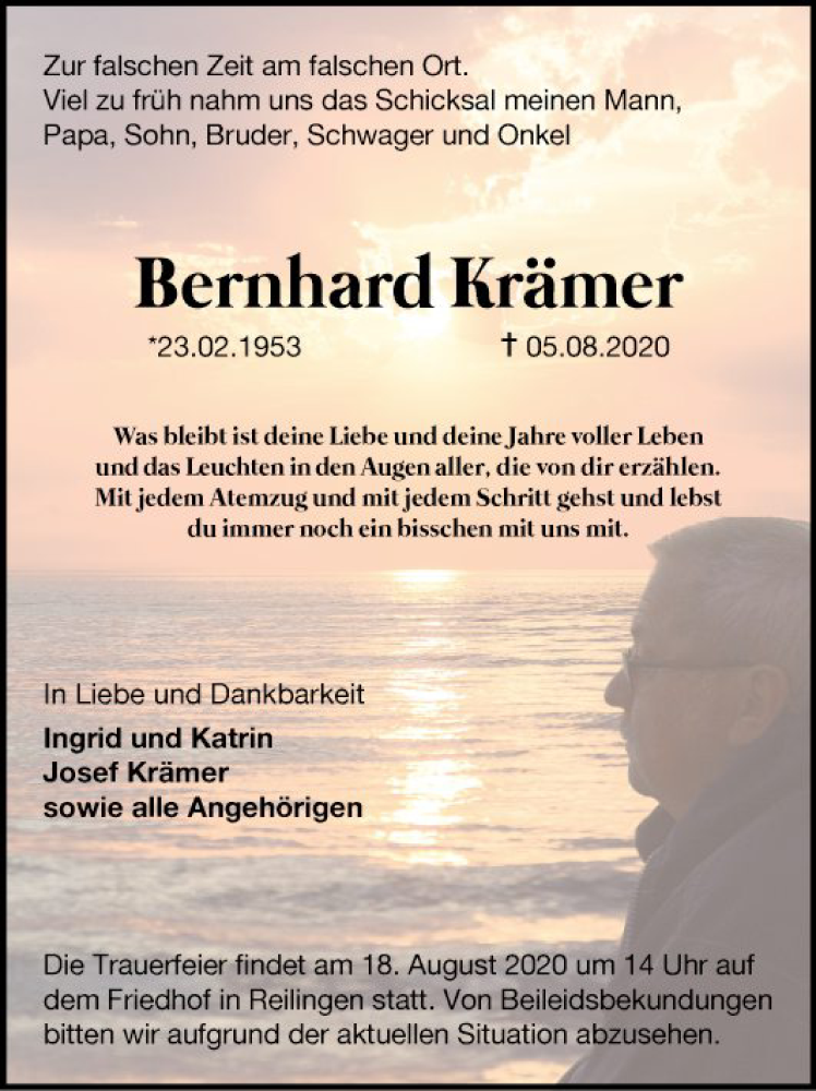  Traueranzeige für Bernhard Krämer vom 12.08.2020 aus Schwetzinger Zeitung