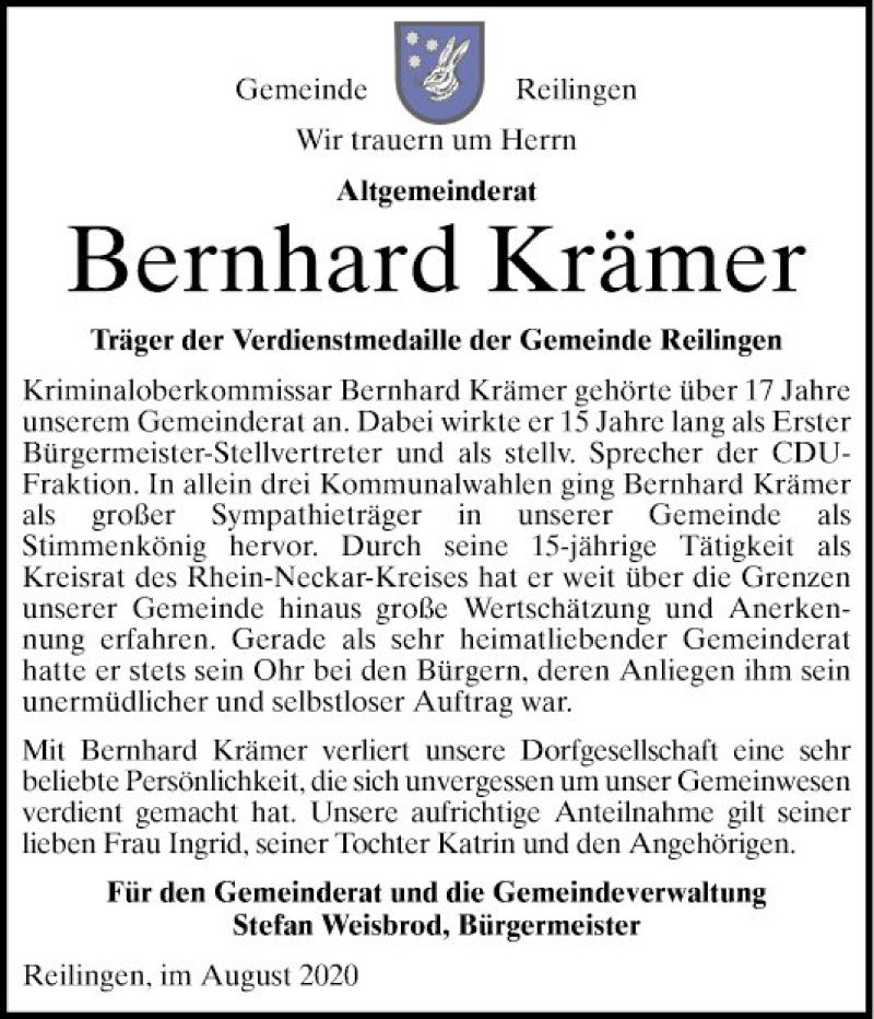  Traueranzeige für Bernhard Krämer vom 12.08.2020 aus Schwetzinger Zeitung
