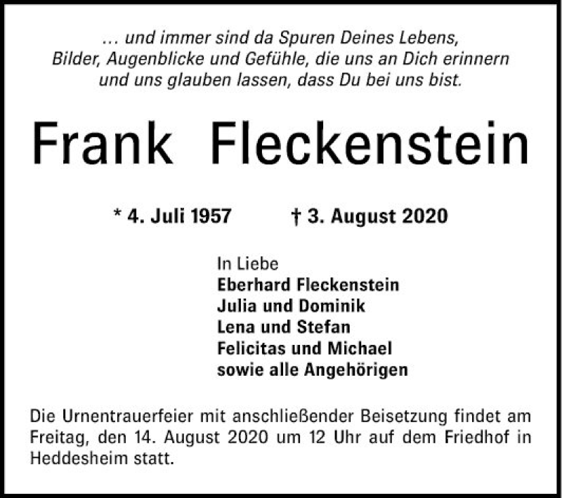 Traueranzeige für Frank Fleckenstein vom 10.08.2020 aus Mannheimer Morgen
