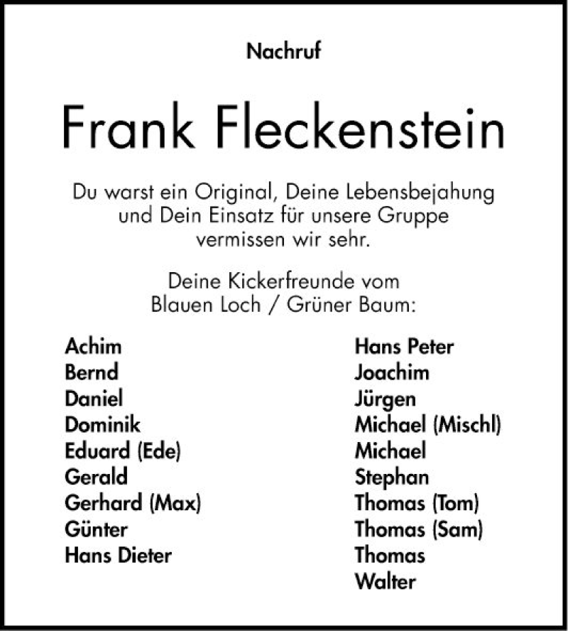  Traueranzeige für Frank Fleckenstein vom 14.08.2020 aus Schwetzinger Zeitung