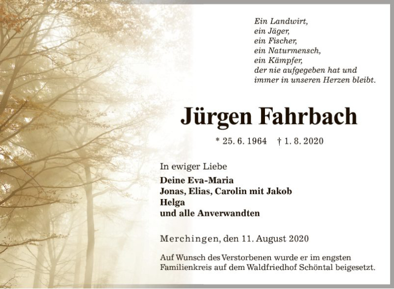 Traueranzeige für Jürgen Fahrbach vom 11.08.2020 aus Fränkische Nachrichten