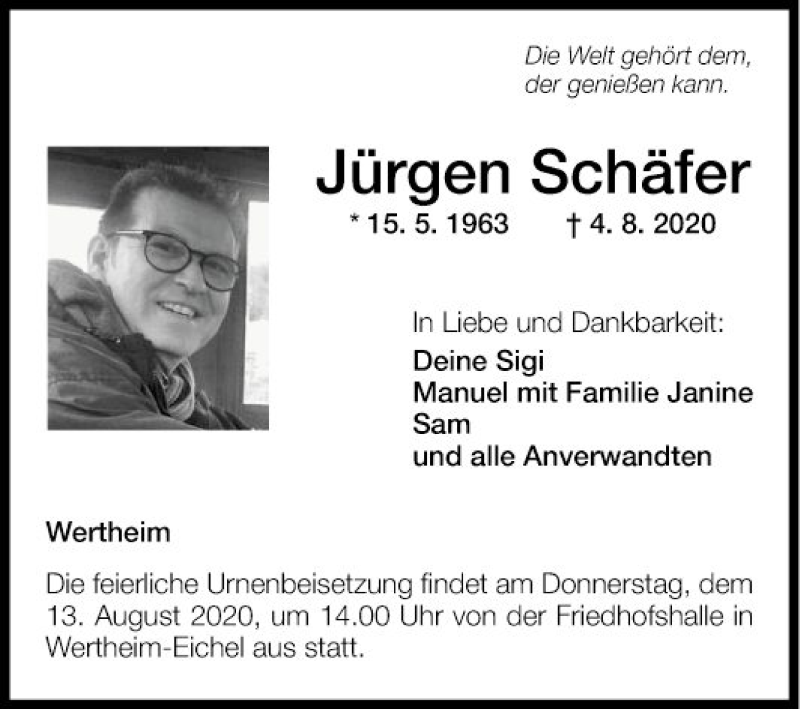  Traueranzeige für Jürgen Schäfer vom 08.08.2020 aus Fränkische Nachrichten
