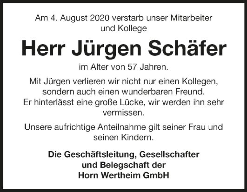  Traueranzeige für Jürgen Schäfer vom 08.08.2020 aus Fränkische Nachrichten