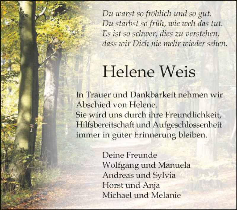 Traueranzeige für Helene Weis vom 12.09.2020 aus Fränkische Nachrichten