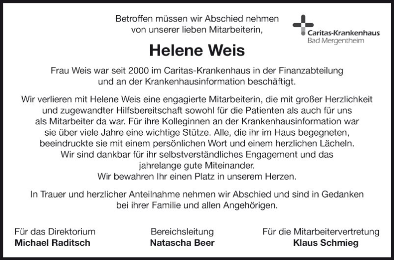  Traueranzeige für Helene Weis vom 12.09.2020 aus Fränkische Nachrichten
