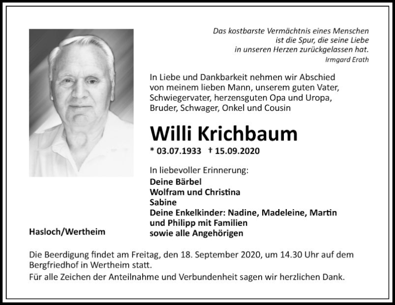  Traueranzeige für Willi Krichbaum vom 17.09.2020 aus Fränkische Nachrichten