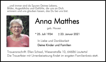 Traueranzeige von Anna Matthes von Bergsträßer Anzeiger