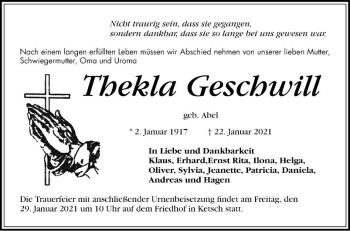 Traueranzeige von Thekla Geschwill von Schwetzinger Zeitung