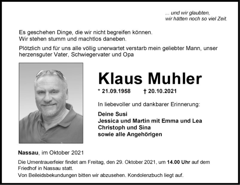  Traueranzeige für Klaus Muhler vom 26.10.2021 aus Fränkische Nachrichten