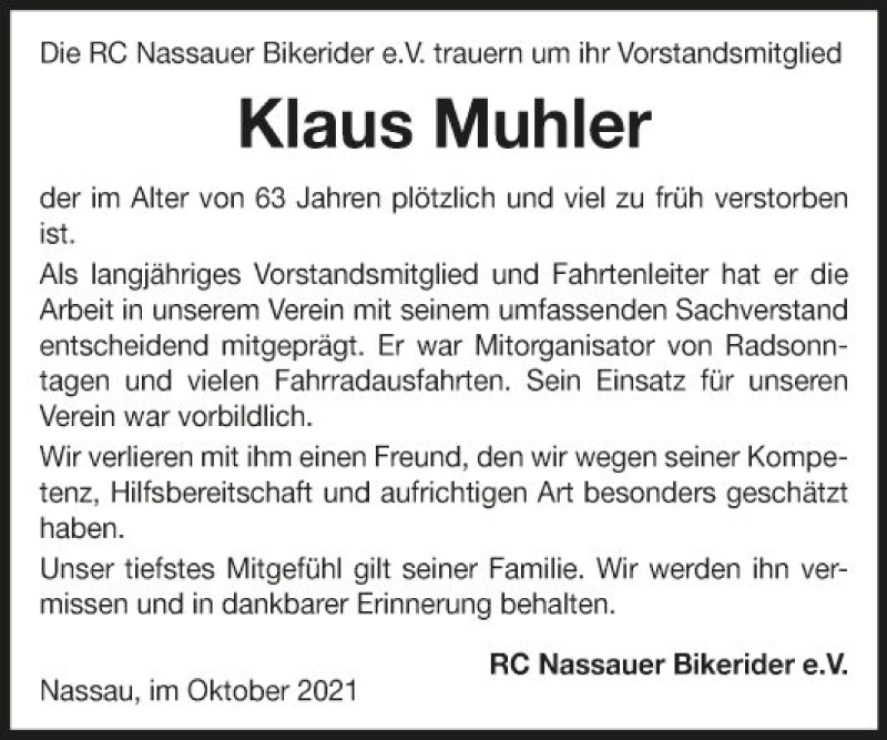  Traueranzeige für Klaus Muhler vom 26.10.2021 aus Fränkische Nachrichten
