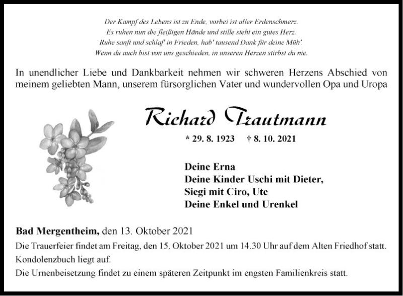  Traueranzeige für Richard Trautmann vom 13.10.2021 aus Fränkische Nachrichten