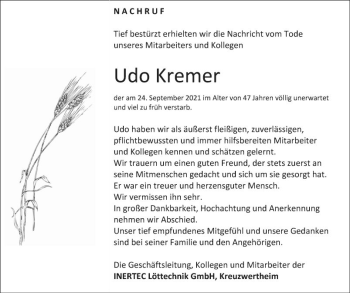 Traueranzeige von Udo Kremer von Fränkische Nachrichten