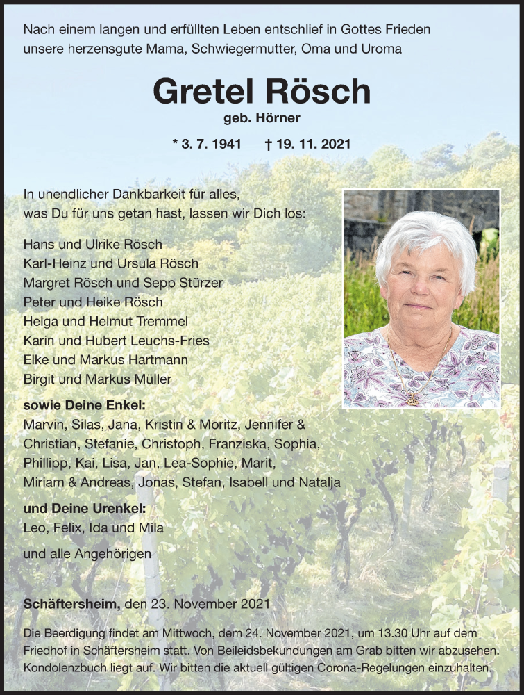  Traueranzeige für Gretel Rösch vom 23.11.2021 aus 