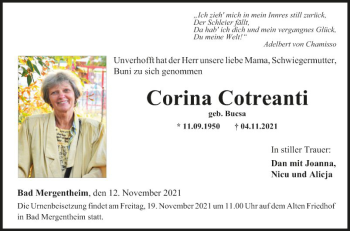 Traueranzeige von Corina Cotreanti von Fränkische Nachrichten