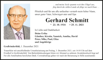 Traueranzeige von Gerhard Schmitt von Fränkische Nachrichten