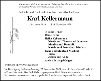 Traueranzeige von Karl Kellermann von Fränkische Nachrichten