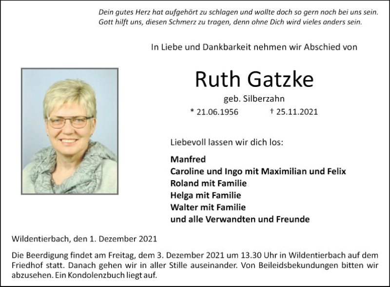  Traueranzeige für Ruth Gatzke vom 01.12.2021 aus Fränkische Nachrichten