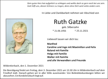 Traueranzeige von Ruth Gatzke von Fränkische Nachrichten
