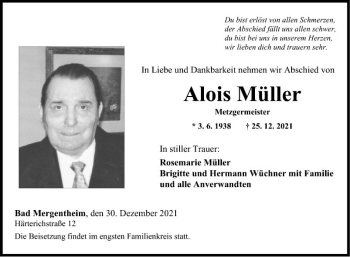 Traueranzeige von Alois Müller von Fränkische Nachrichten