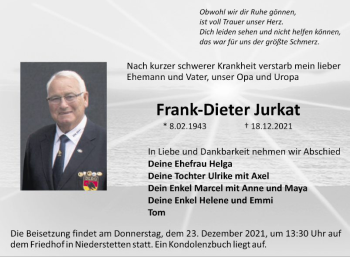 Traueranzeige von Frank-Dieter Jurkat von Fränkische Nachrichten