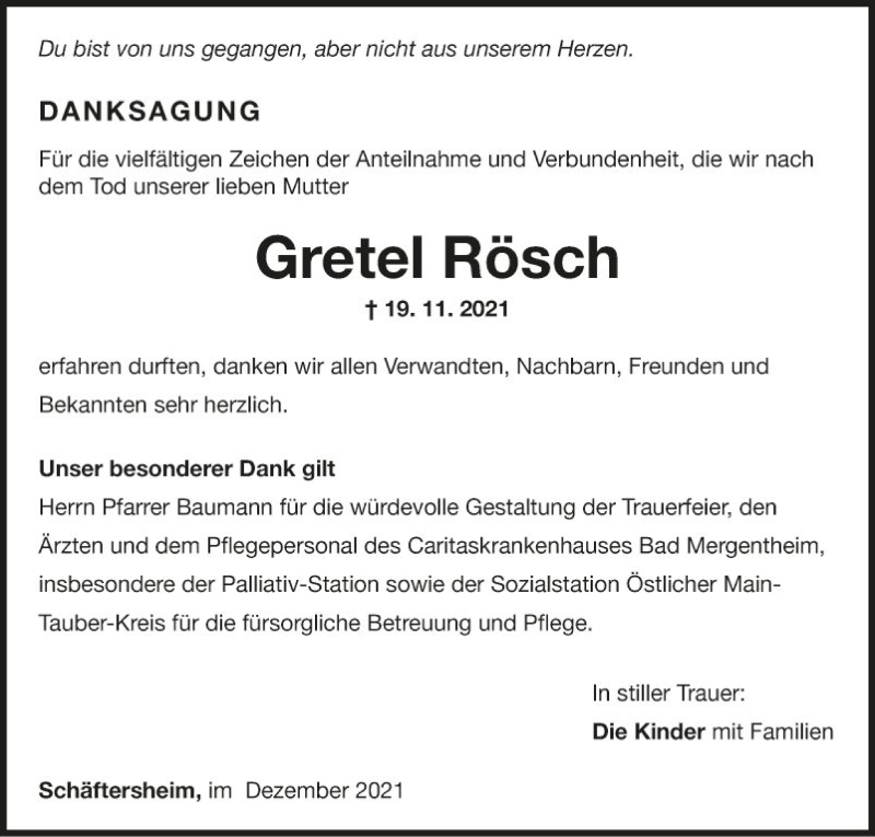  Traueranzeige für Gretel Rösch vom 09.12.2021 aus Fränkische Nachrichten
