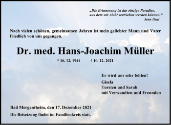 Traueranzeige von Hans-Joachim Müller von Fränkische Nachrichten