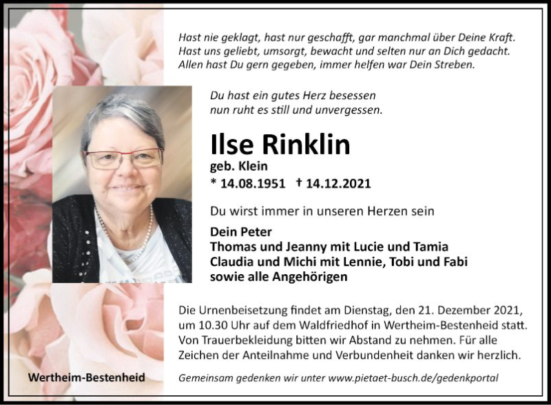  Traueranzeige für Ilse Rinklin vom 18.12.2021 aus Fränkische Nachrichten